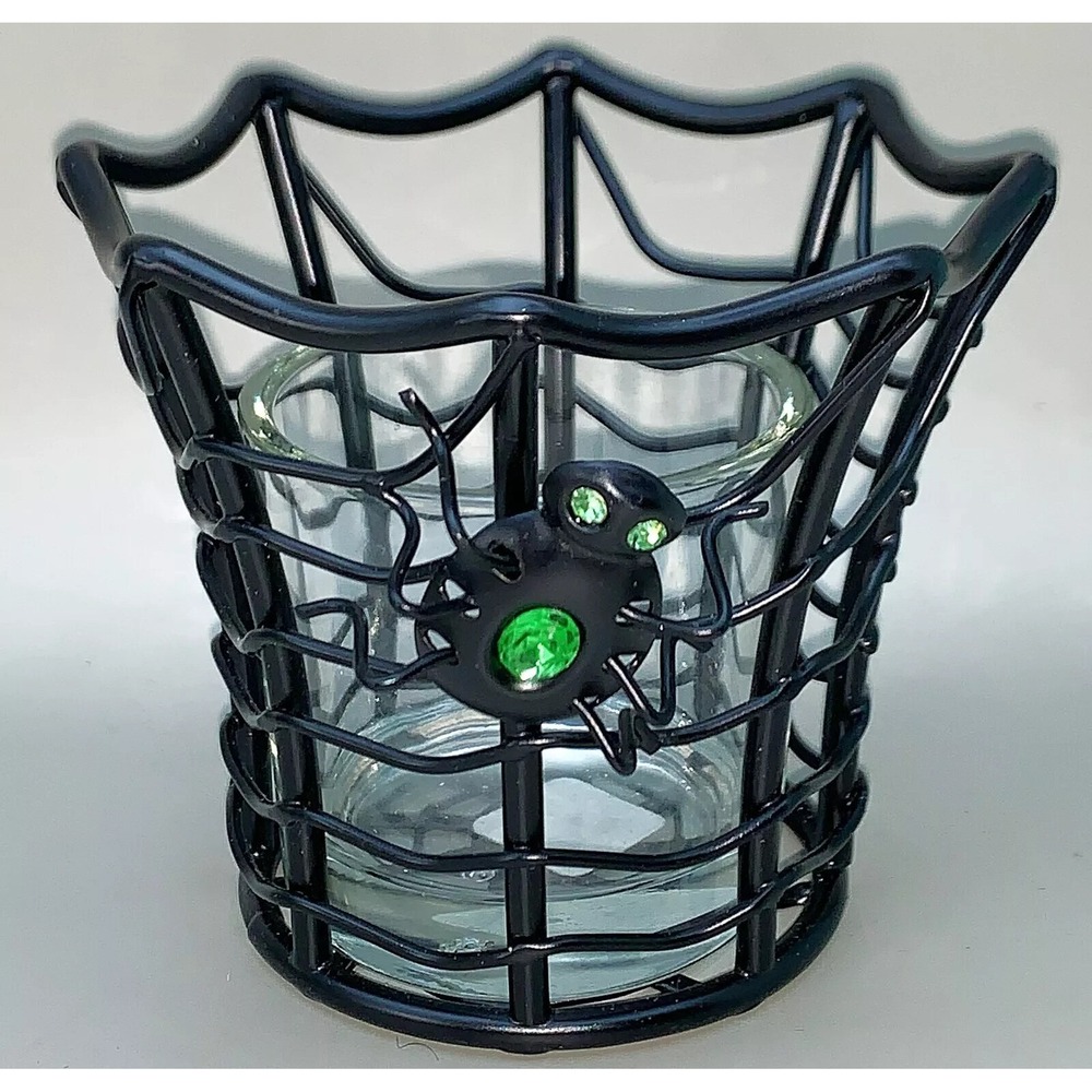 Halloween JEWELED SPIDER on WEB Votive PartyLite Retired Candle Holder NIB P8975